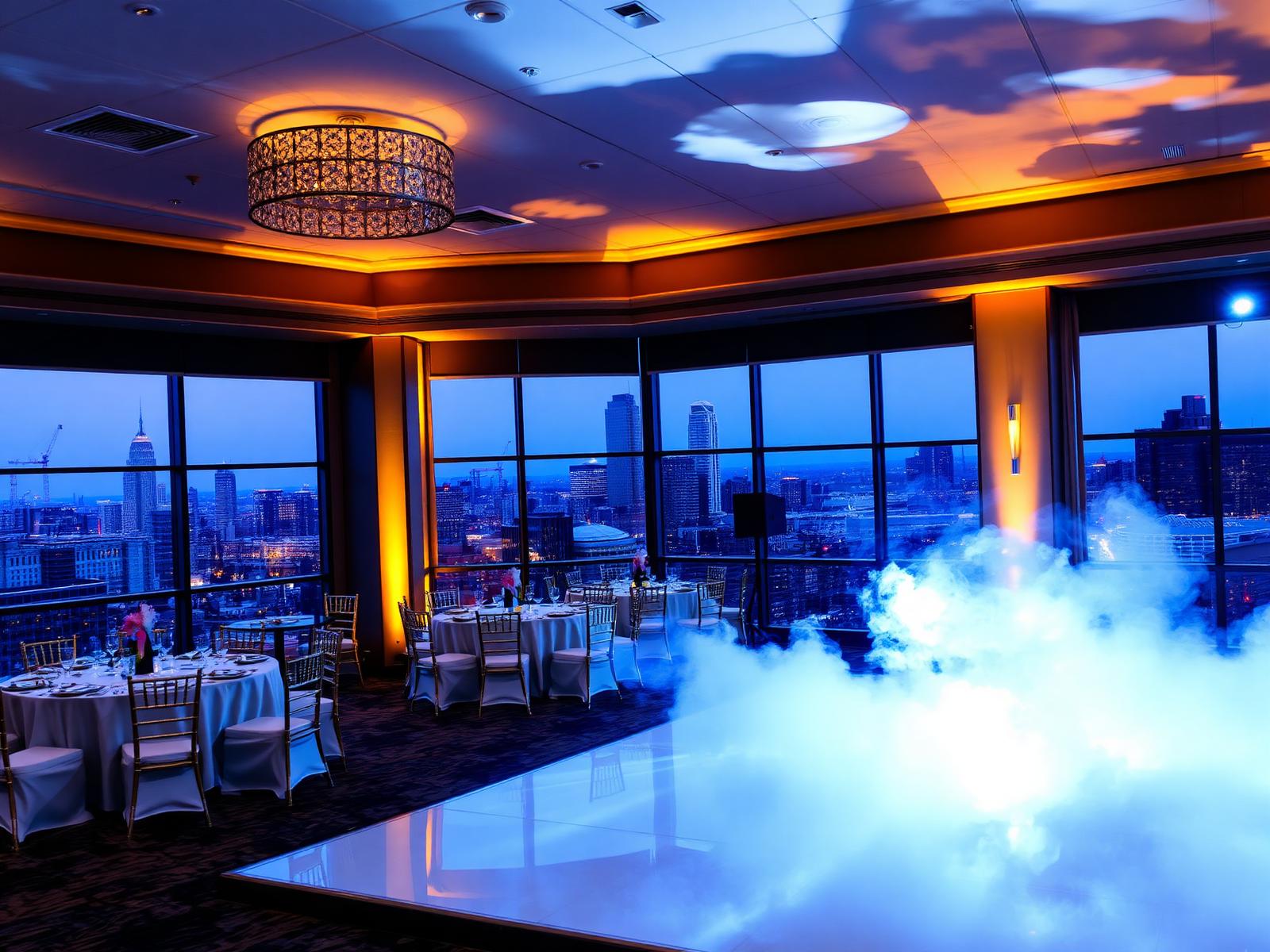 Luxury rooftop event venue with fog and skyline