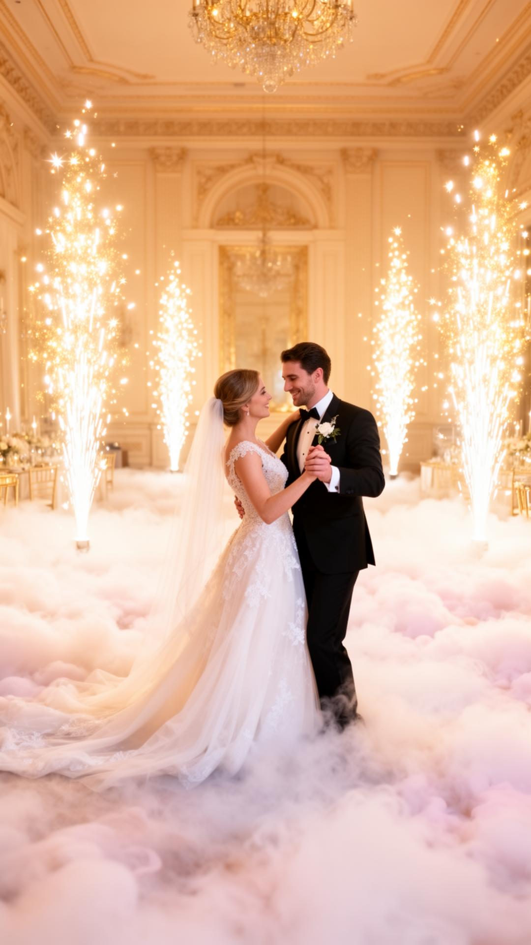 Bride and groom first dance on clouds